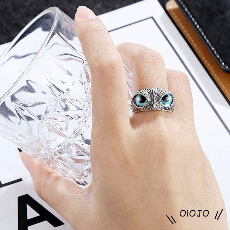 Vintage Style Burung Hantu Kristal Cincin Perak Hewan Pria Wanita Perhiasan Fashion Punk Crystal Rings - ol