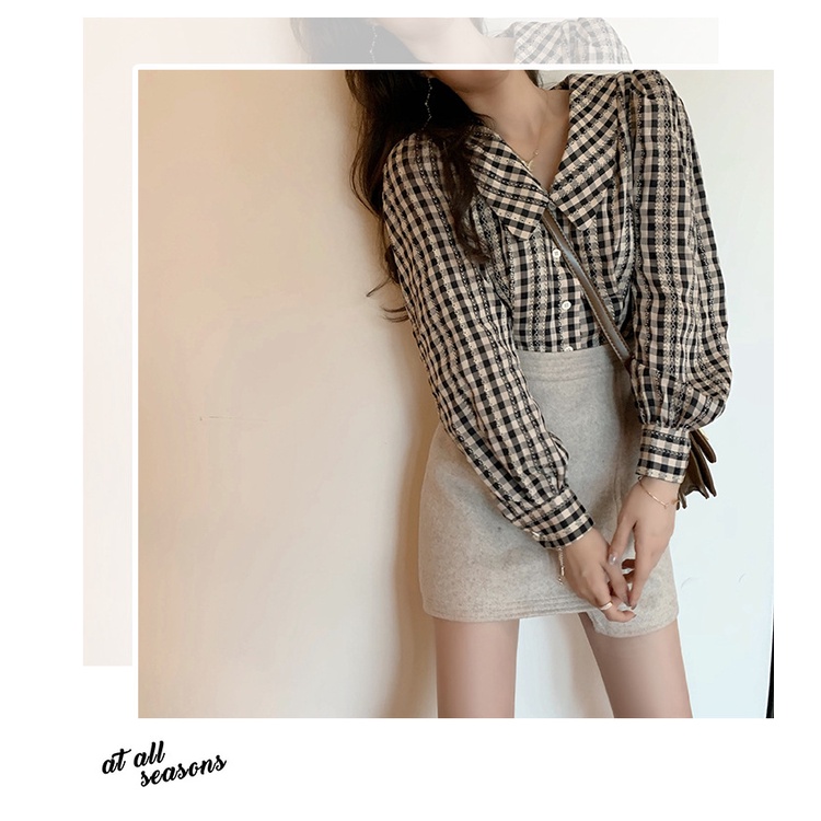 #Sisjuly# Wanita Retro Kemeja Kotak-kotak Wanita Lengan Panjang Lentera Lengan Kemeja Desain Rasa Po