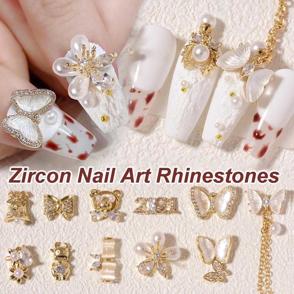 Needway   Kuku Seni Dekorasi Pesona DIY Beruang Liontin Tahun Baru Berlian Shiny Pearl Bow Nail Chains Jewelry