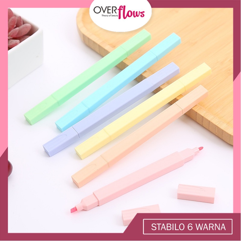 OVERFLOWS.ID 6 Pcs Stabilo Kotak Double Side Spidol Warna Warni Highlighter Dua Sisi Set Murah