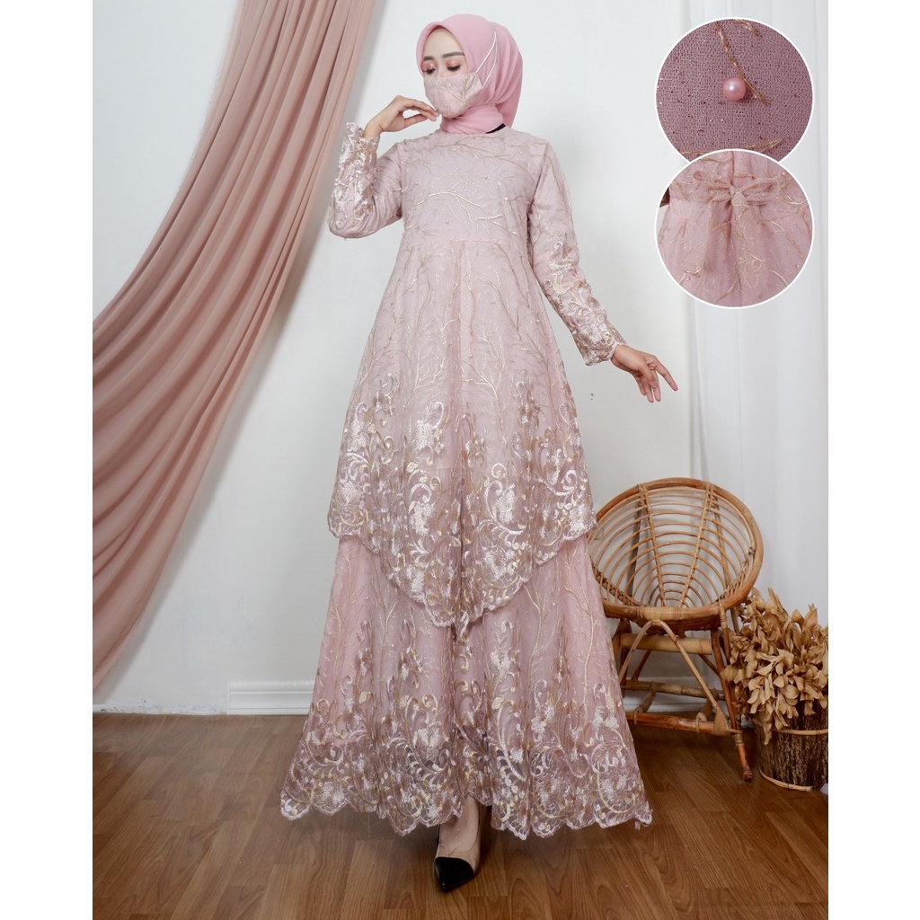 Permata Olshop / Kebaya Gamis Tingkat Runcing DJ / Gamis Pesta Mewah / Baju Gamis Pesta Wanita