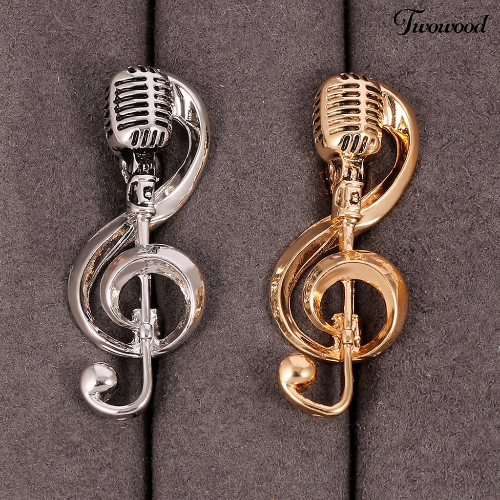 Twowood Microphone Brooch Solid Exquisite Alloy Golden Silver Color Music Note Brooches for Party