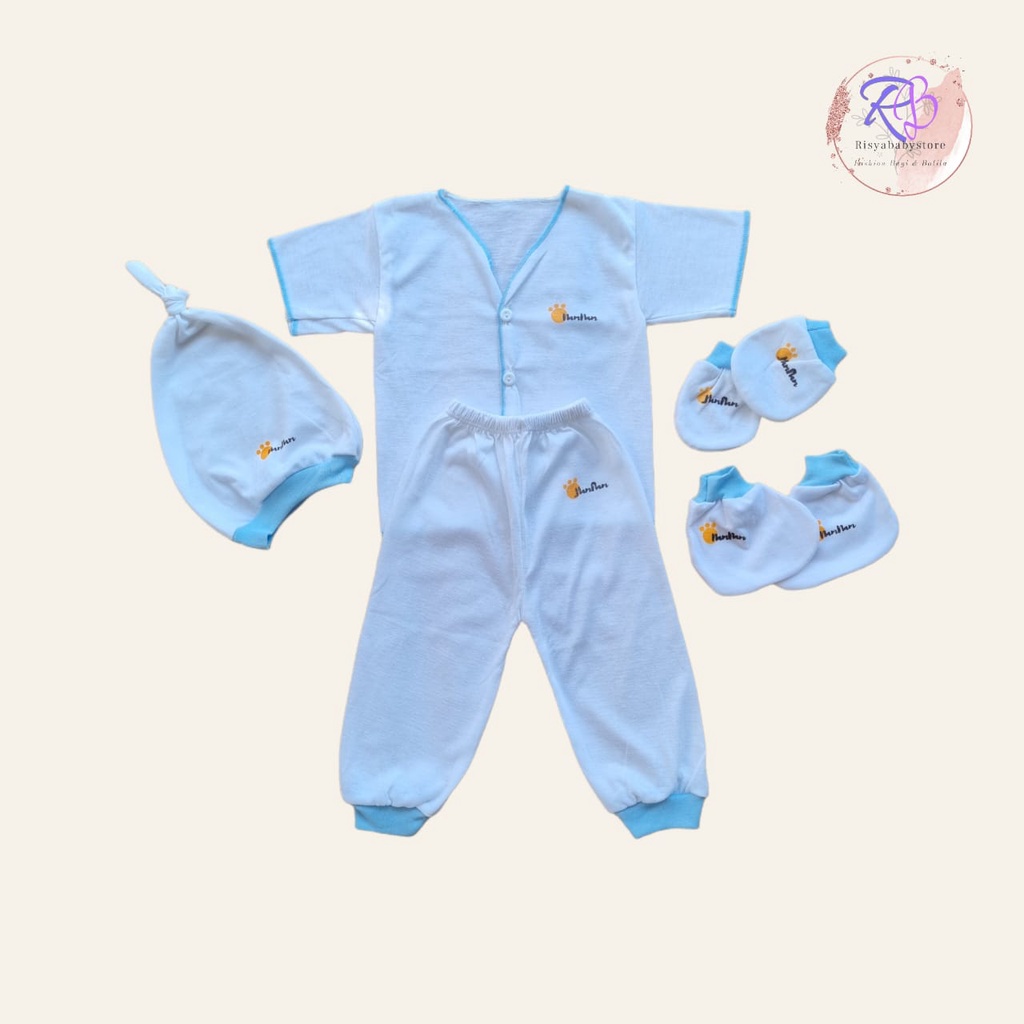 1 set baju putih lengan pendek warna putih polos/ newborn/ topi bayi set/ sarung tangan kaki bayi/ kebutuhan bayi baru lahir