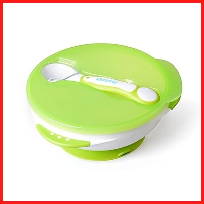 Kidsme Suction Bowl With Ideal Temperature Feeding Spoon / Mangkok dan sendok Hijau Pink Biru 9832