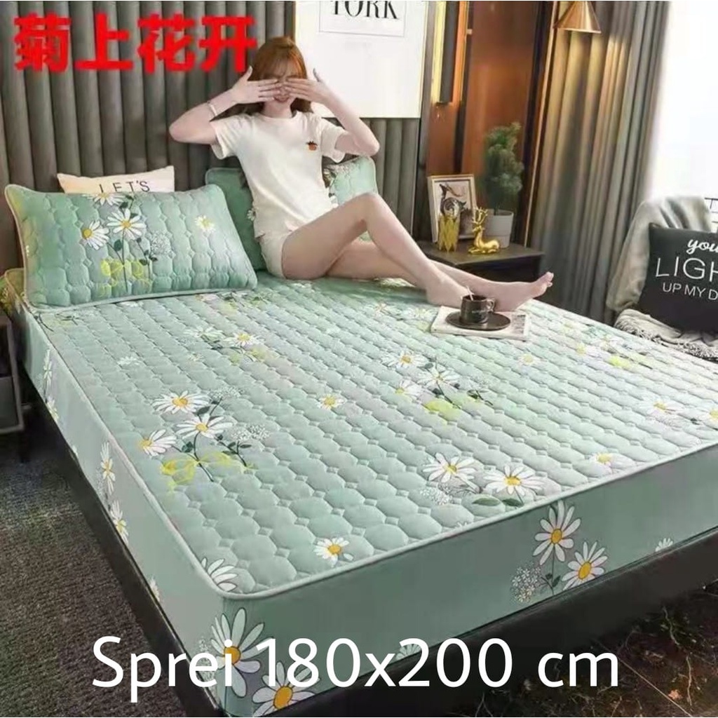 Sprei Waterproof / Sprei Protektor bermotif  ukuran 180x200cm-hijau terang bunga