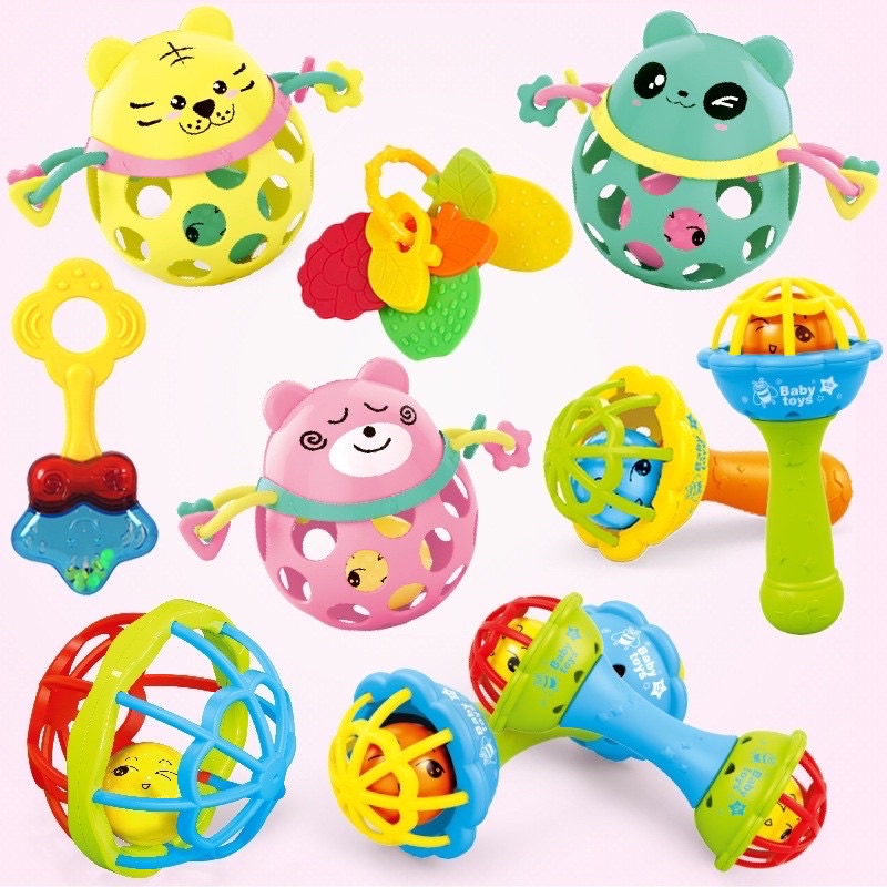 Mainan Kerincing Bayi Teether Rattle Stick Gigitan Sensorik Mainan Bunyi Genggam Bayi Bola Bunyi Silikon