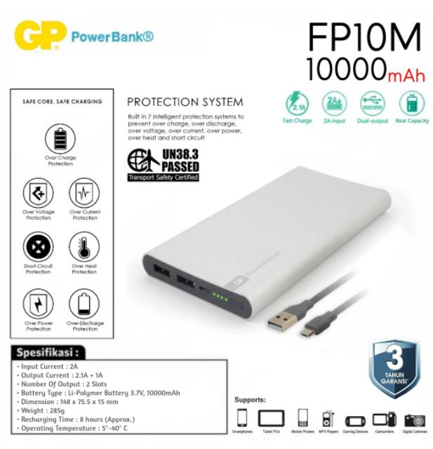 Powerbank 10000 mAh GP Original FP10M Fast Charging 2.1A Real Capacity Dual Slots Promo