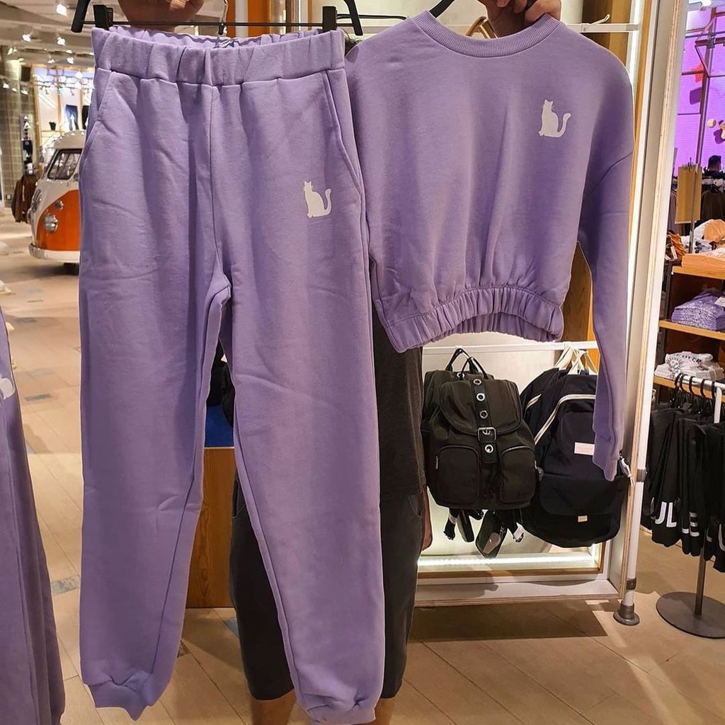 Catyl Set 2in1 Setelan Olaharga Wanita Warna Ungu Lilac Lavender  Motif Bordir Kucing Lucu Stelan Ce