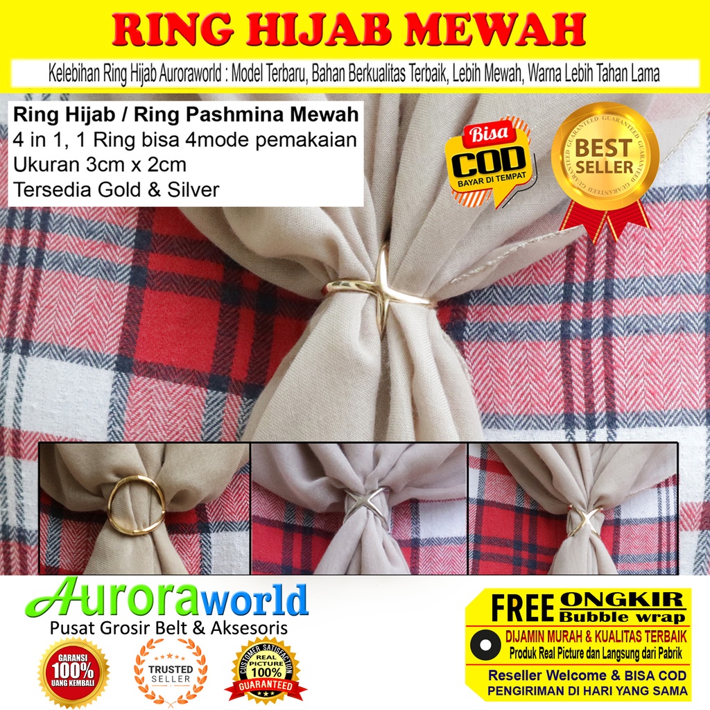 Auroraworld Ring kerudung hijab ring syal permata Ring Pashmina Berlian Mewah cincin kerudung scarf fashion terbaru anti hitam bisa COD R001