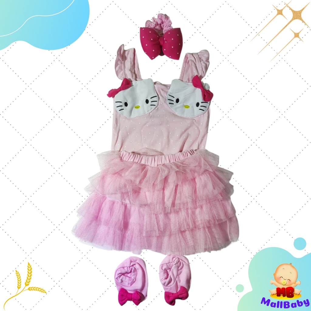 Baju Bayi Perempuan 0 6 9 Bulan Setelan Jumper Set Bandana Sepatu Kitty Duo