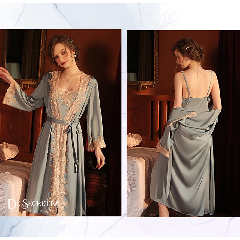 DeSecrettz ALYSIA Baju Tidur Wanita Dewasa Sexy Lace & Satin Cami Sets, Baju Tidur Lingerie Sexy, Baju Haram Sexy, Baju Dinas Depan Suami, Baju Tidur Wanita Sexy, Pakaian Dalam Wanita Sexy, Lingerie Murah, Sexy Lingerie, Lingerie Satin-Dusty Blue (+Robe)