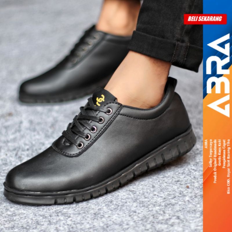 Sepatu Formal Casual Pria Kulit Pu Pantofel Kerja Hitam Fullblack ABRA BRRODI