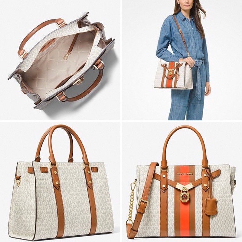 MICHAEL KORS MK Nouveau Hamilton Large Logo Stripe Satchel