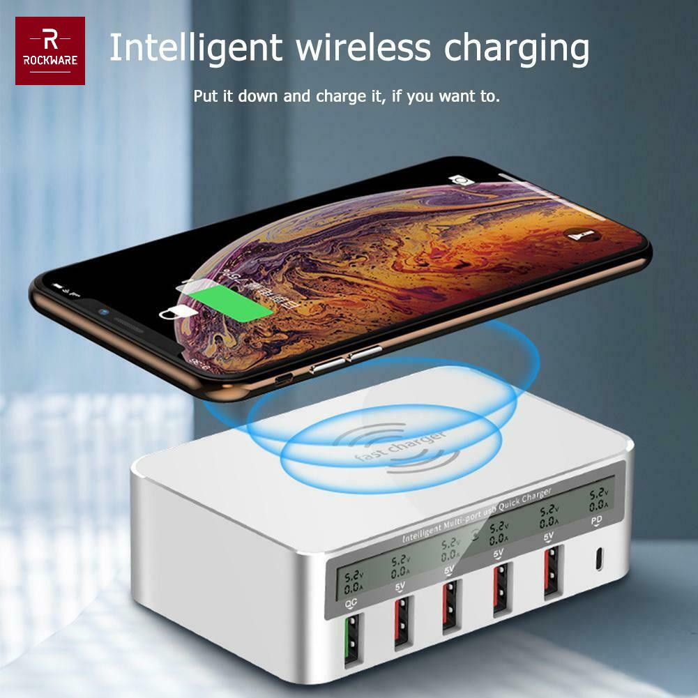 ROCKWARE 818PF Charger 5 USB-A and 1 PD 18W Wireless Charge - 100W 8A - Charger Multiport Universal