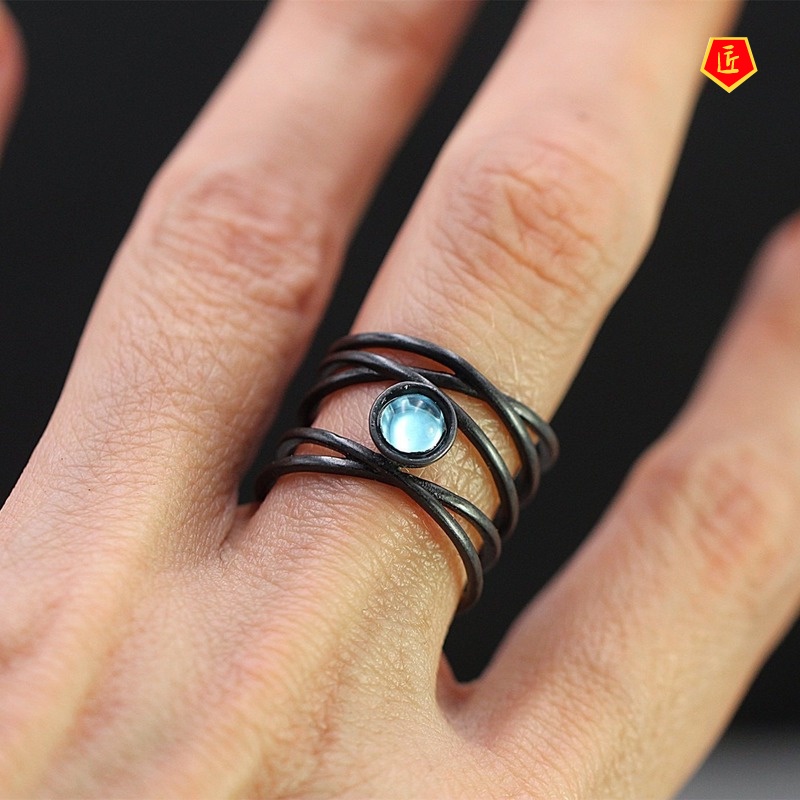 [Ready Stock]Creative Abstract Art Line Moonstone Ring Exaggerated Black Gold Fashion