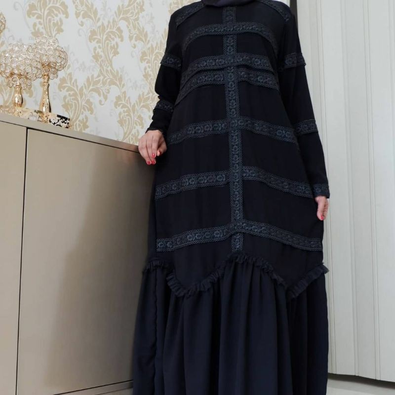 Abaya Hitam Kombinasi Renda simpel Gamis Wanita Maxi Dress Arab Saudi baju busana muslim syari