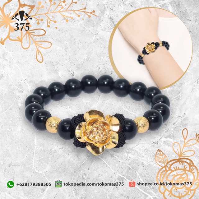 Gelang kristal hitam variasi mawar emas asli kadar 375