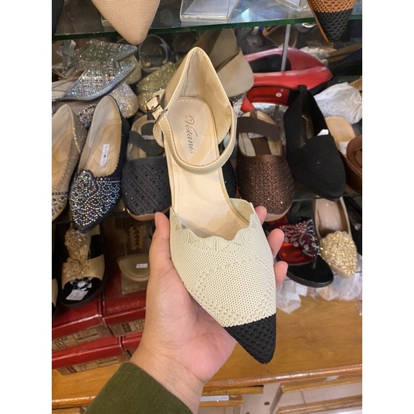 SEPATU HEELS WANITA RAJUT PUTIH