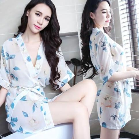 Baju Tidur Kimono Sexy Satin Mandi 2 In 1 Set Pakaian Dalam Wanita