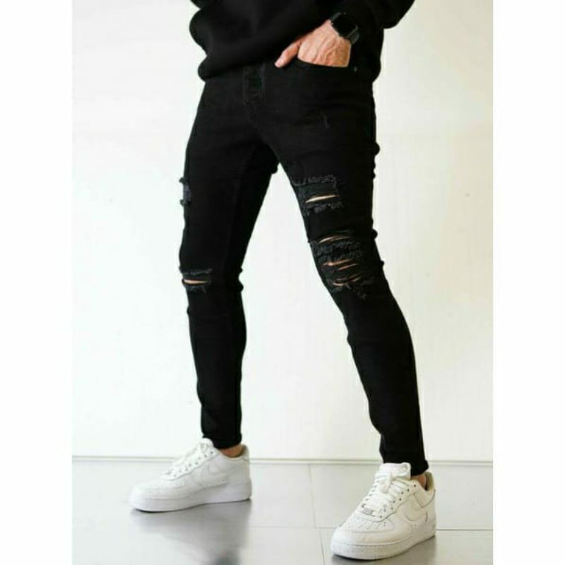 CELANA JEANS PRIA SOBEK RIPPED ROBEK SLIMFIT PENSIL STRETCH HITAM PREMIUM 27-38