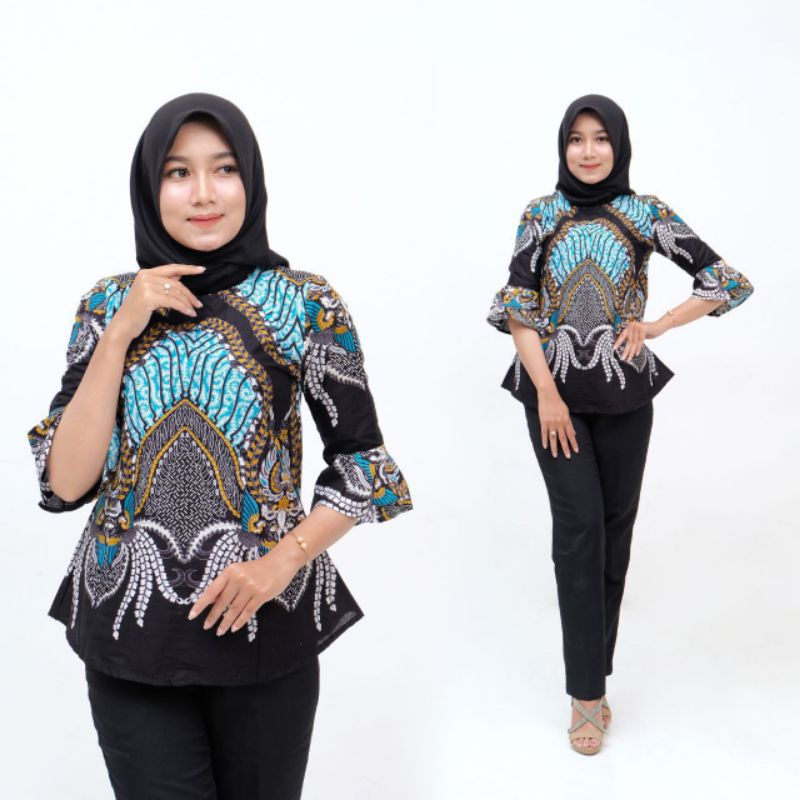 PROMO BATIK COUPLE KELUARGA SARIMBIT sania ruffle batik ori ndoro jowi motif MADU HIJAU-BLOUSE