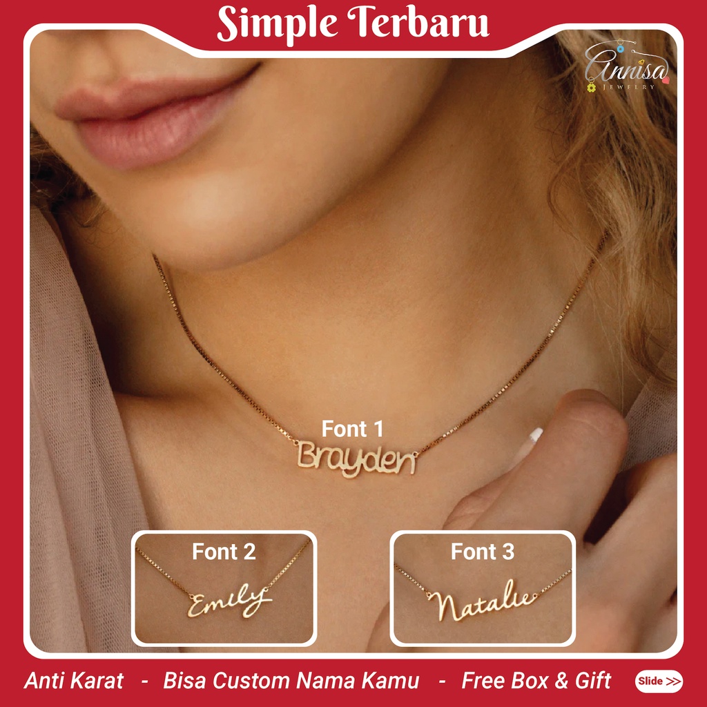 Kalung Nama Simple Terbaru Polos Titanium Gold/ Silver/ Lapis Emas Putih