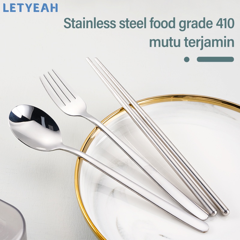 letyeah Alat makan stainless portable/cutlery set 3 in 1 dengan transparent rotatable kotak model kipas/sendok garpu set