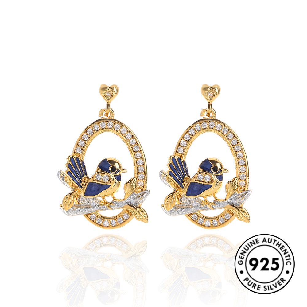 Anting Tusuk Motif Burung Bahan Sterling Silver 925 Warna Emas Untuk Wanita