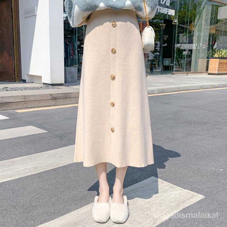 【 Ready Stock】Skirt rok rajutan korea rok panjang pinggang tinggi rok sedang