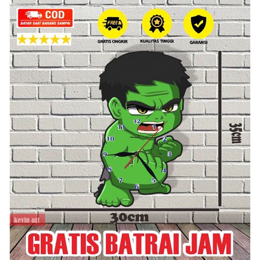 JAM DINDING KAYU UNIK KARAKTER ANAK GAMBAR ANIMASI HULK KEREN LUCU ARTISTIK MURAH TERBARU