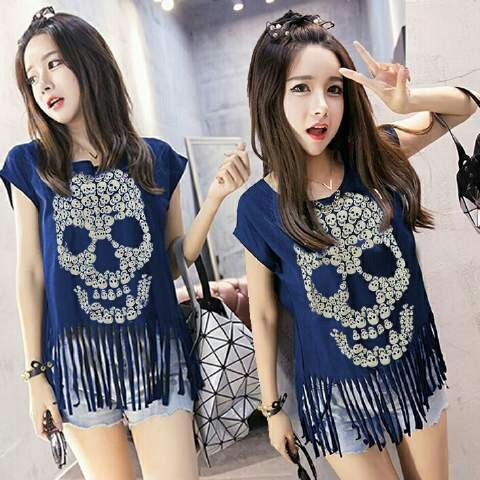 Top Rumbai Skull Navy Baju Atasan Wanita Blouse Rumbai Terlaris