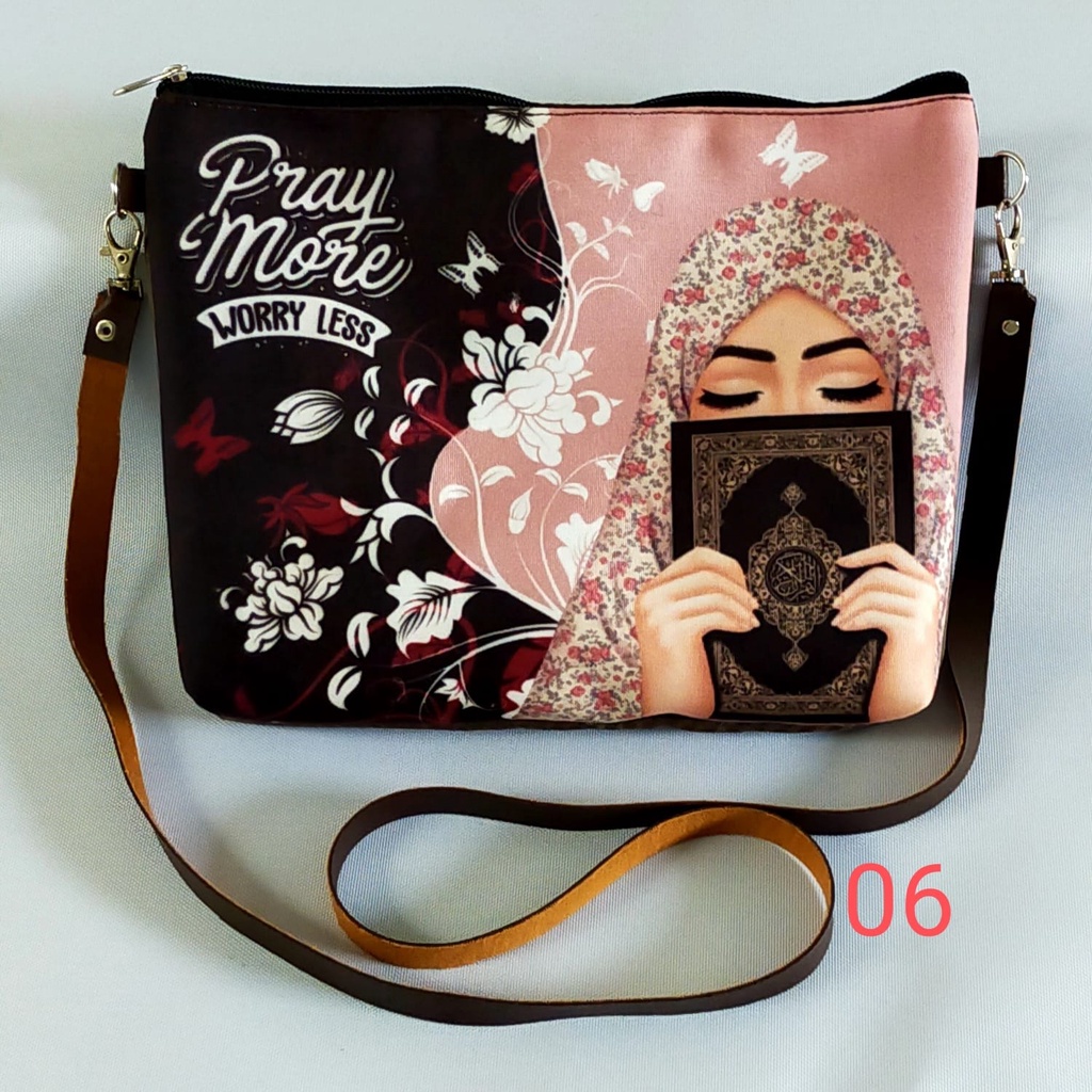 Tas Selempang Printing Hijab Wanita / Sling Bag Tali Kulit Canvas Sablon Karakter