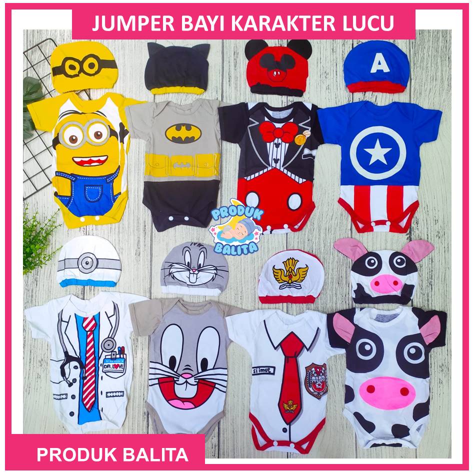 Baju Jumper Bayi Katun Motif Karakter Lucu Lengan Pendek Terlaris