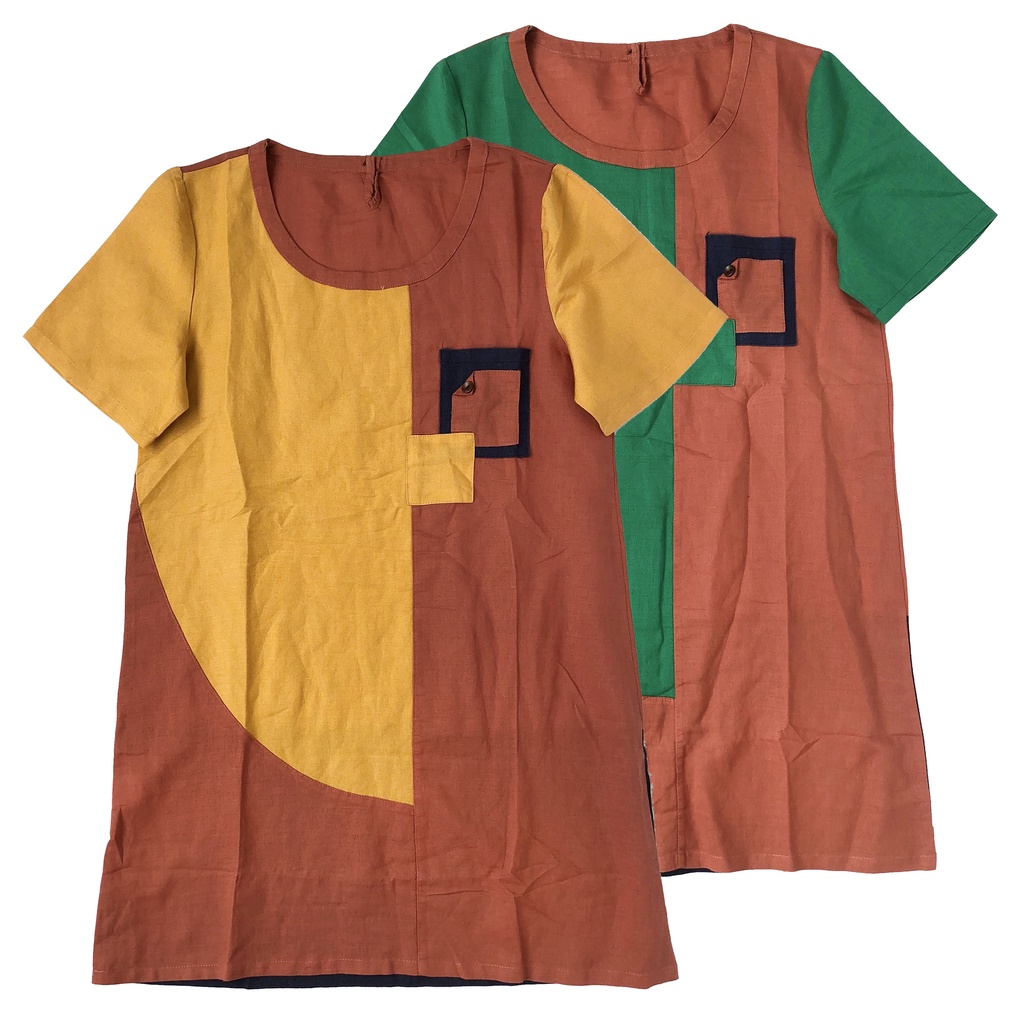 DRESS MIDI LINEN COLOR BLOCK 3 TONE ORANGE KUNING HIJAU BIRU IMPORT