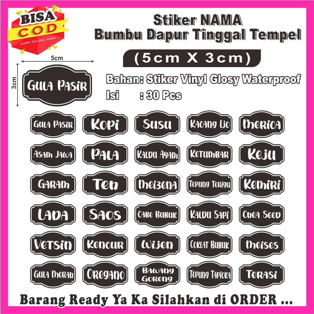 

(ISI 30PCS) STIKER LABEL NAMA BUMBU DAPUR 3X5CM (READY STOK)