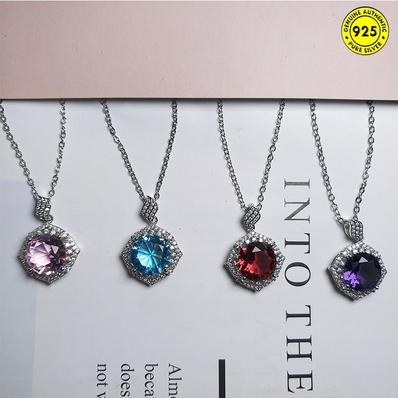 Red Crystal Blue Treasure Topaz Full Diamond Necklace Luxury Purple Diamond Pink Crystal round Pendant for Women