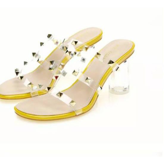 ➾  BISA >>> Sandal selop Bening Kristal Tumit Tinggi tebal Valentino / heels premium ★