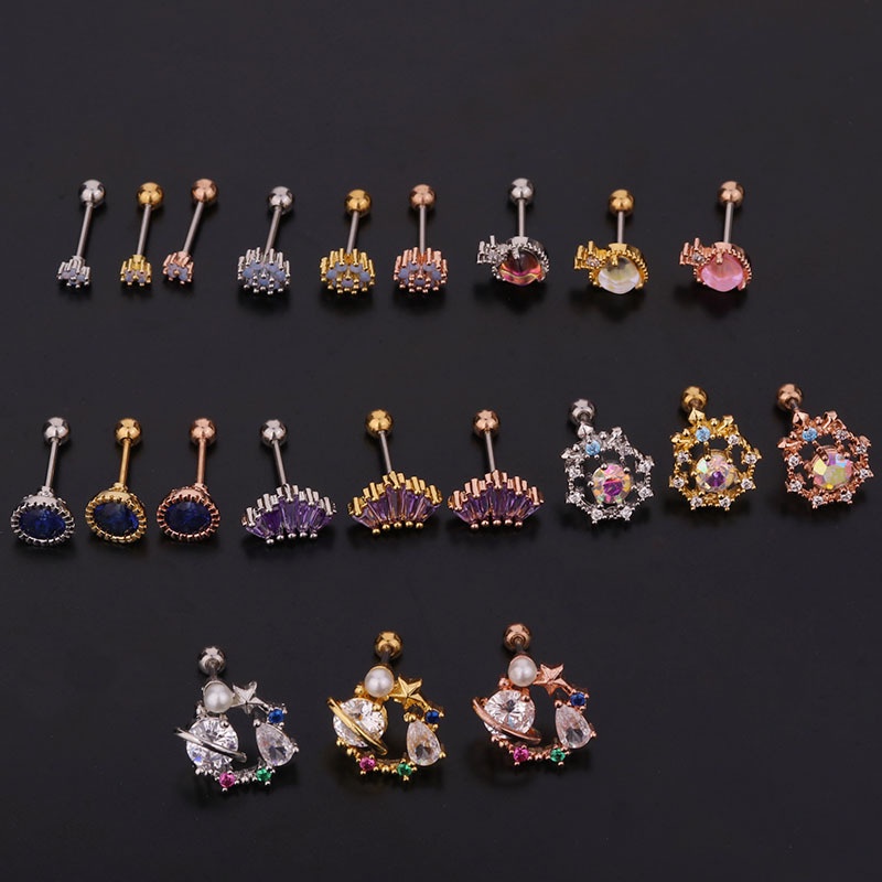 1 Pcs Queen Princess Style Colorful Crown Snowflake Round Shape Stainless Steel Prevent Allergy Women Earring