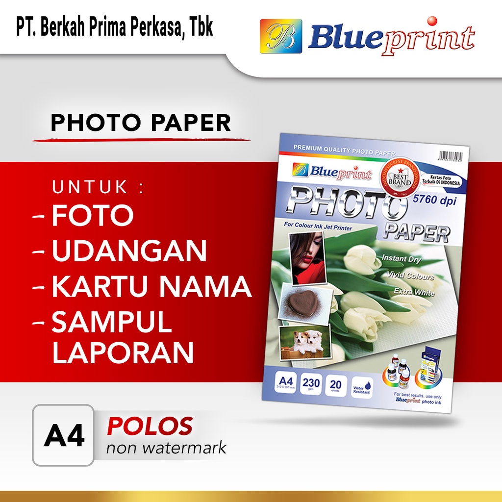 

Kertas Foto Glossy / Glossy Photo Paper BLUEPRINT A4 230 gsm Polos