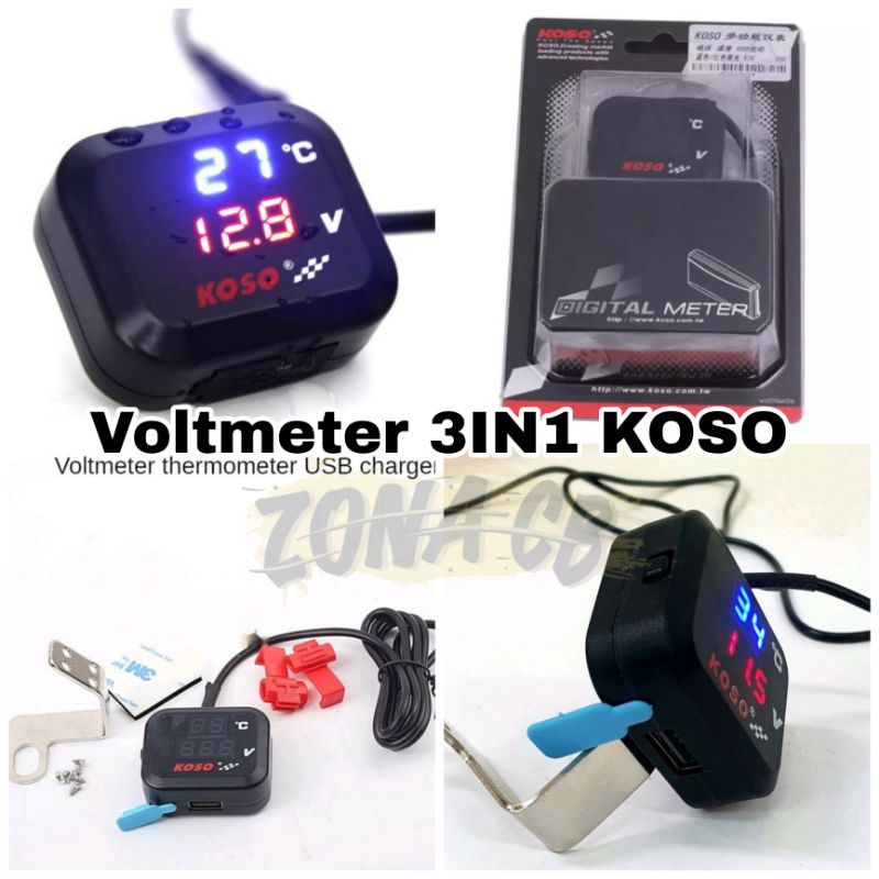 voltmeter 3 in 1 koso usb anti air original / termometer volmeter digital jam suhu tegangan aki vari