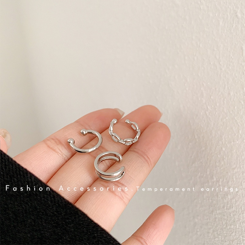 Roselife 3PCs / Set Anting Klip Tanpa Tindik Bentuk Geometri Warna Silver Untuk Wanita