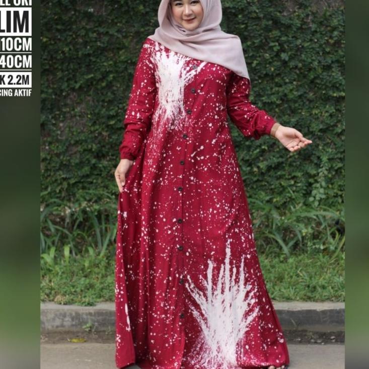Harga Spesial.. gamis kancing twill ori slim merah maroon by batik aura jaya