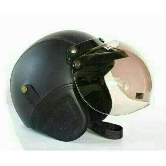 Helm bogo retro kulit classic hitam polos + kaca bogo ori