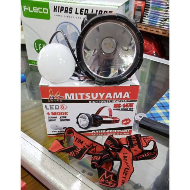 Senter Kepala Charge Super Terang 50Watt Mitsuyama MS-147P dan MS-147K Cahaya Putih / Kuning Free Bohlam