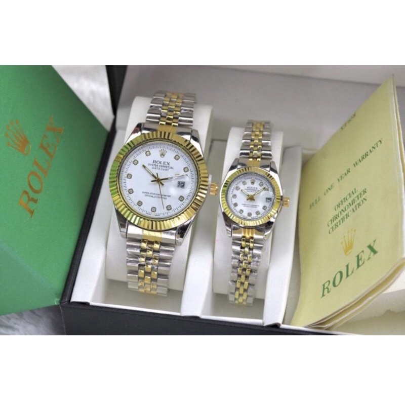 Jam Tangan Couple Pria &amp; Wanita Rolex Premium C211 Terbaru Motif Gerigi Tanggal Aktif Free Box Rolex &amp; Baterai Cadangan