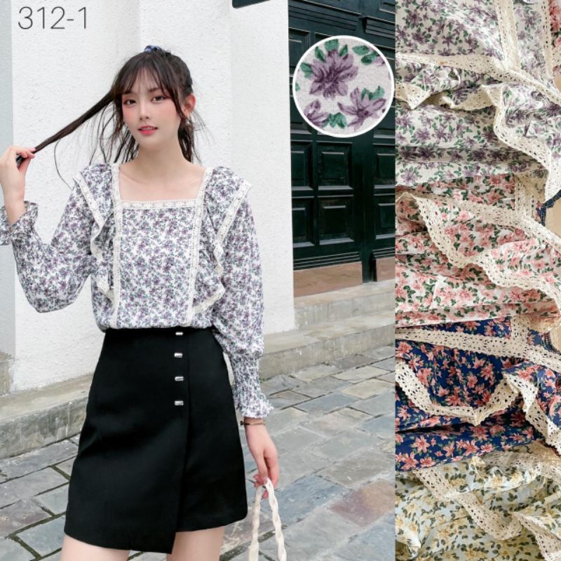 Korean Flower Blouse with Ruffle Detail and Lace Application 312-1