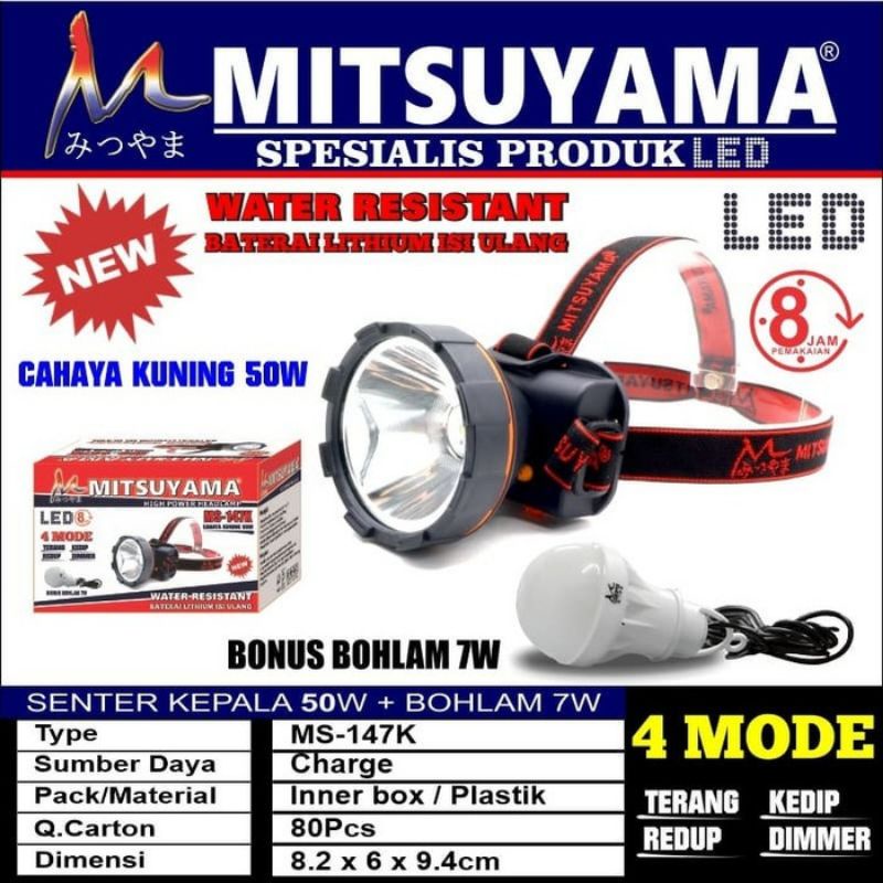 COD Senter Kepala Led  Mitsuyama 50 Watt MS-147K Water Resistant Higt Power Headlamp Cahaya Kuning Super Terang