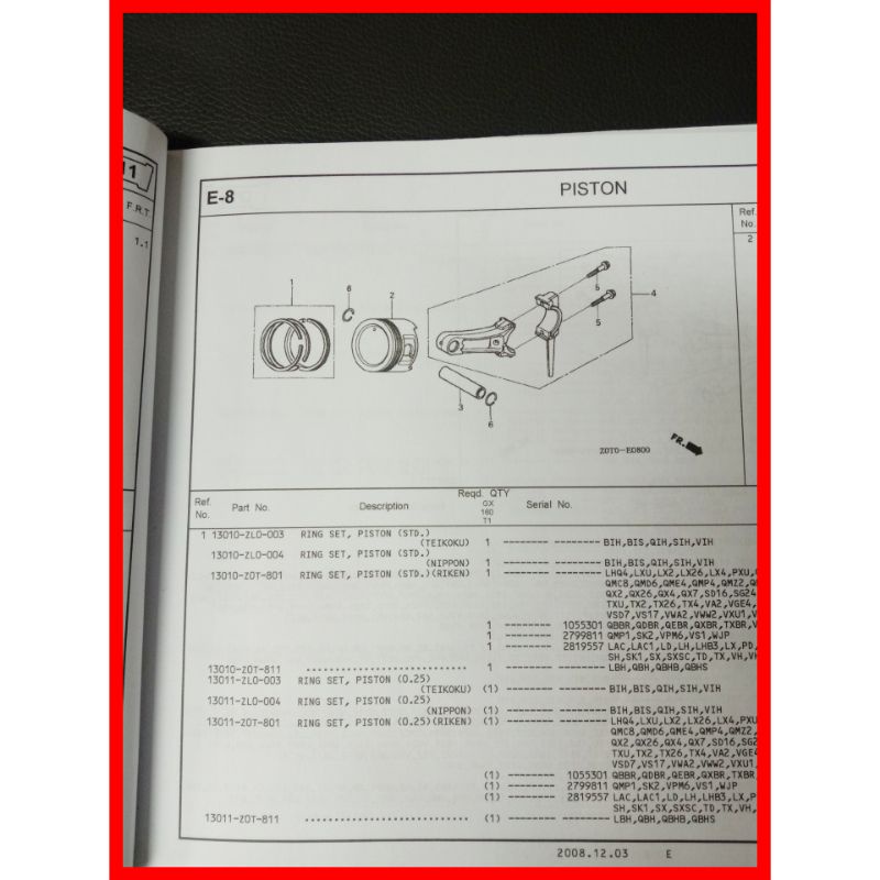 Piston Ring Set / Ring Seher STD GX 160 Original