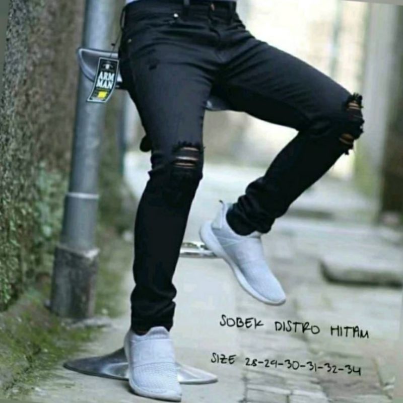 CELANA PANJANG SEMI SOFTJEANS PRIA SKINNY HITAM SOBEK LUTUT RIPPED JEANS STREET