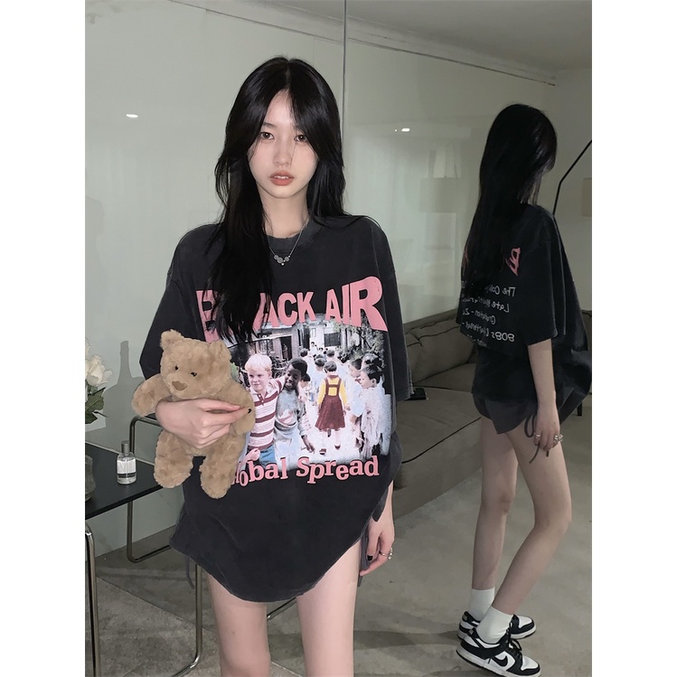 kaos atasan wanita/american vintage print kaos/korean style oversize letter printing t-shirt/kaos hitam